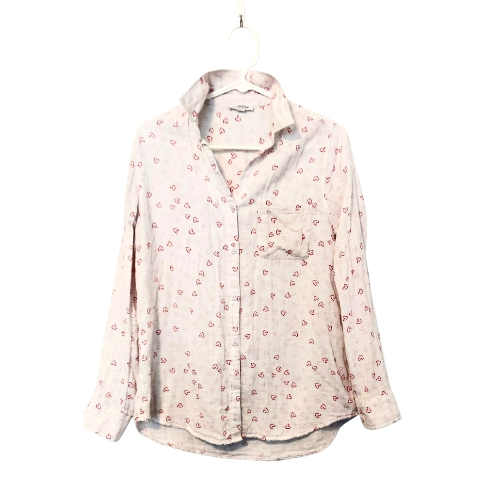 Beachlunchlounge Womens Cotton Button Down White Shirt Pink Heart Size Small